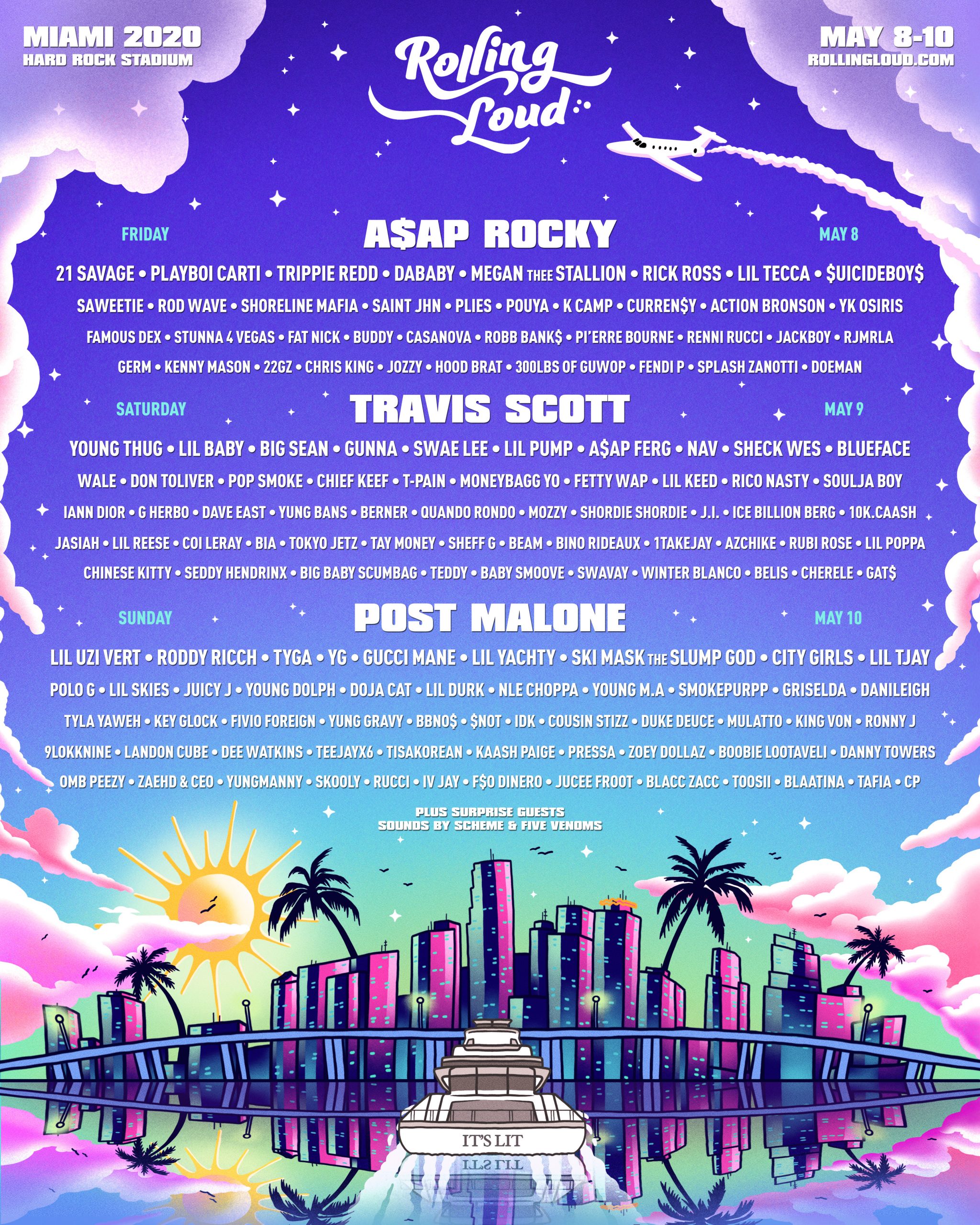 Rolling Loud Recruits Post Malone Travis Scott And A Ap Rocky To Headline Rl6 In Miami Audible Treats